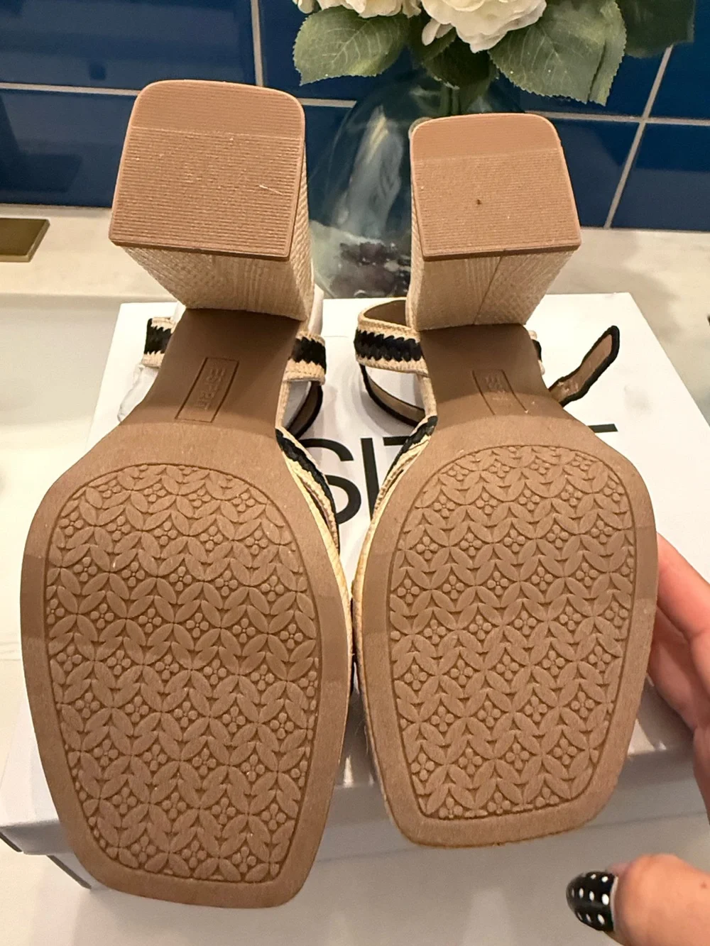 Esprit Beige and Black Woven Platform Wedge Sandals